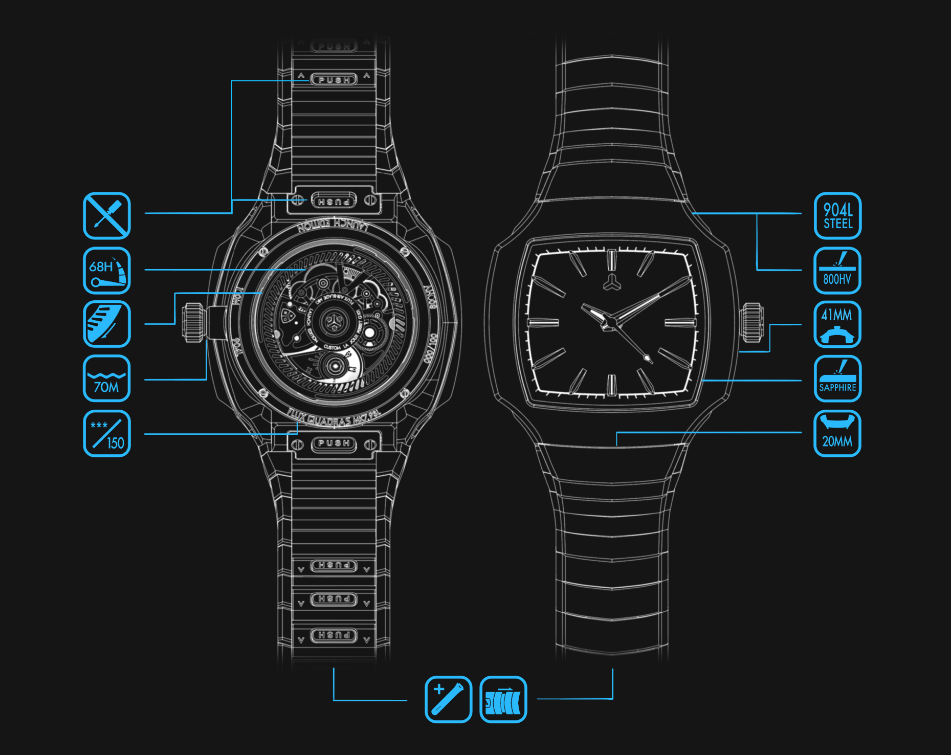 Technical diagram of a Flux Watch, showing the watch’s features such as 41mm size, sapphire glass, and 150m water resistance
