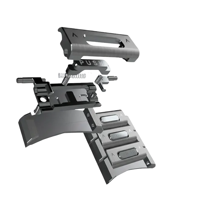 Flux Quadras exploded view showcasing layered case construction, Nano Adjust clasp, and precision-engineered components