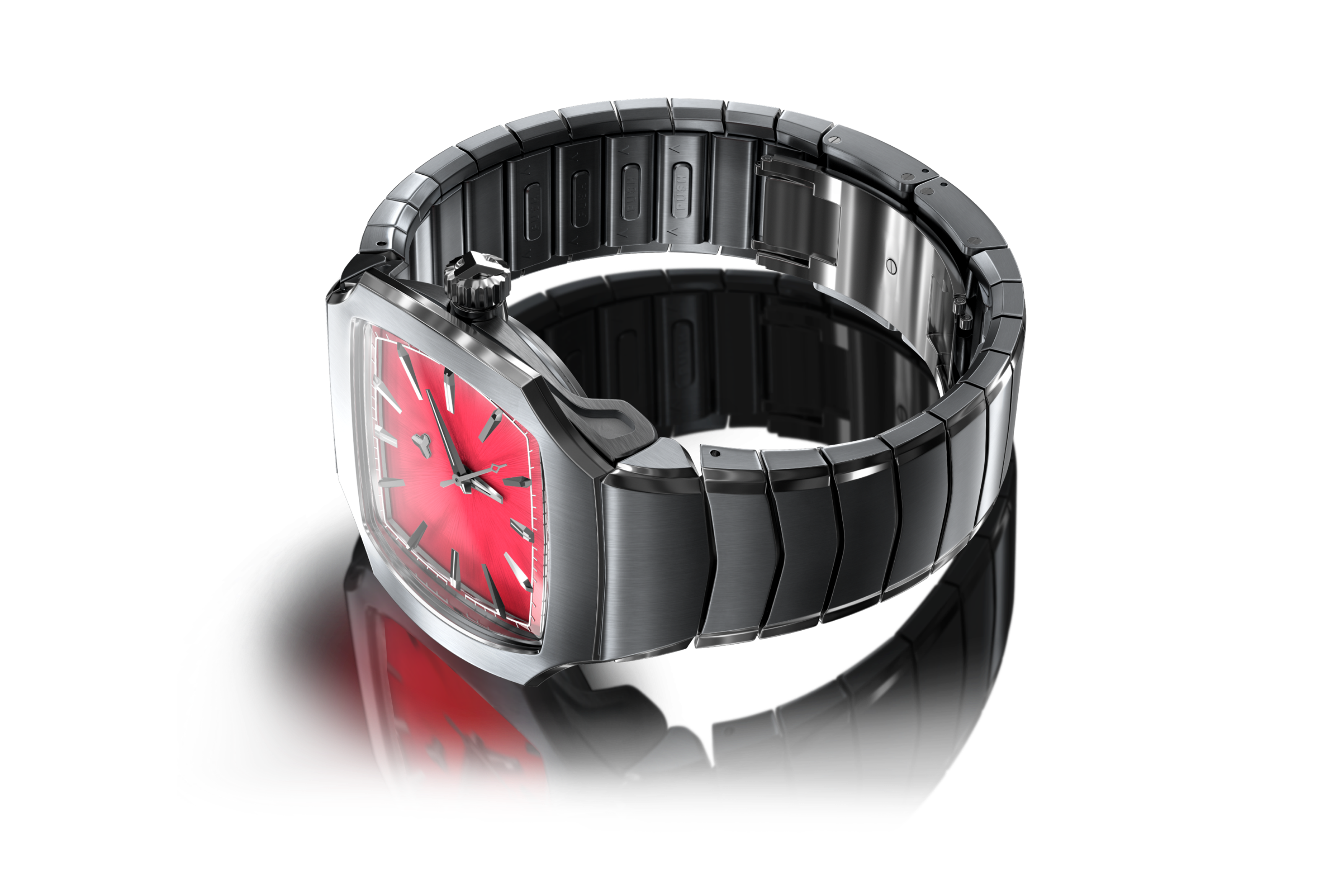 Close-up of a Flux Watch, showcasing its original design with a striking red dial and modern stainless steel bracelet.