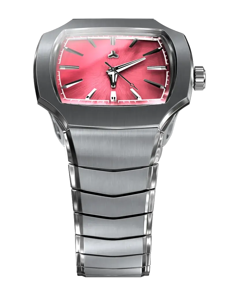 Flux Quadras Adrenaline Red Swiss automatic timepiece with gradient crimson dial and brushed steel articulated bracelet