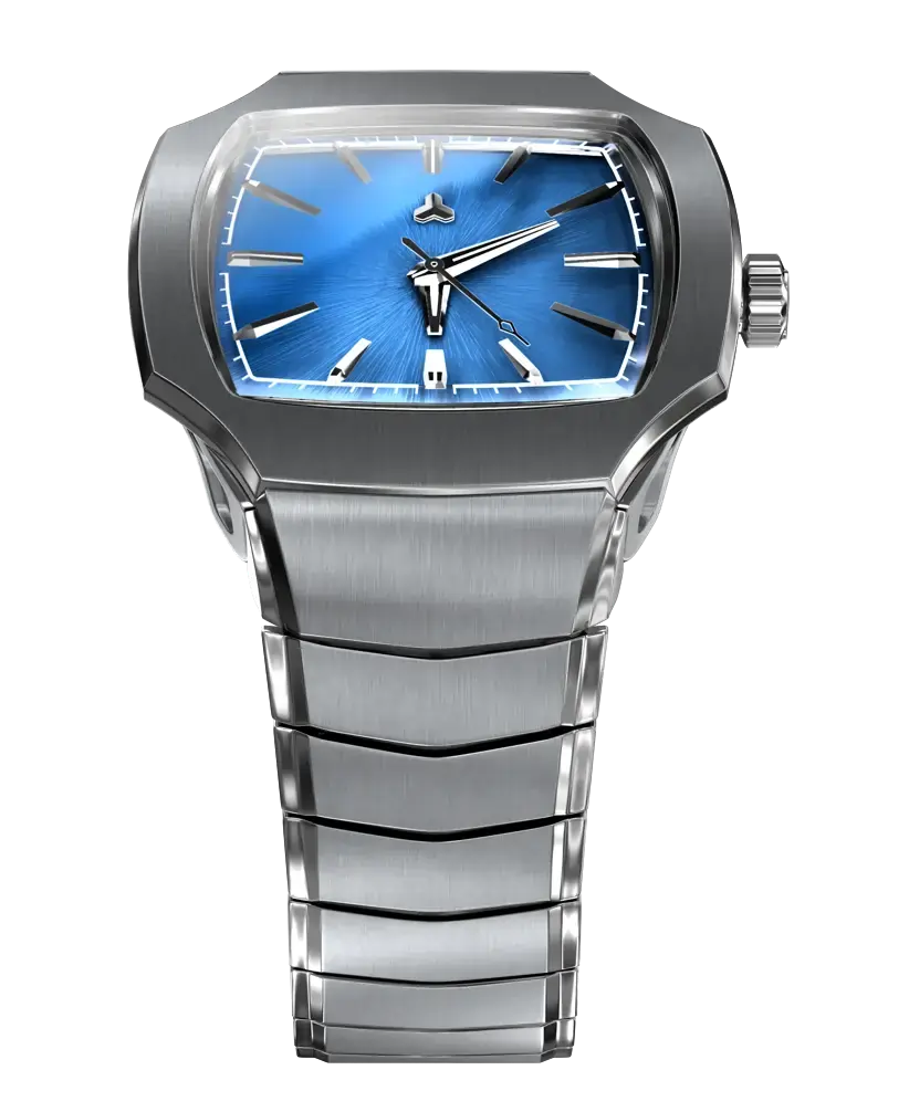 Flux Quadras Apex Blue premium timepiece featuring a radiant azure sunburst dial with polished indices and protective guards