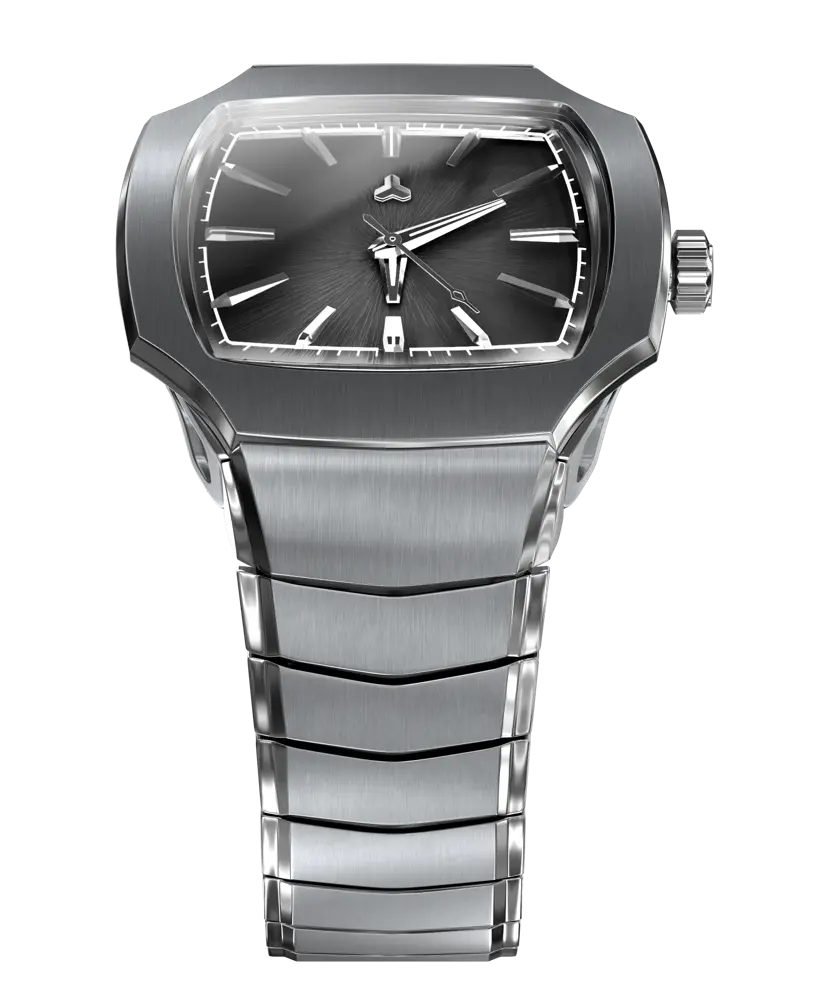 Flux Quadras Vintage Black limited edition with deep charcoal dial, sculptural case, and premium 904L steel construction