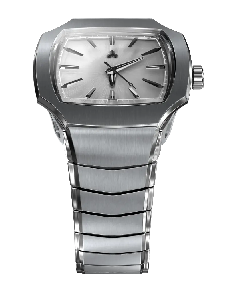 Flux Quadras Silverstone edition featuring a silver dial with applied indices and a seamless integrated steel link bracelet